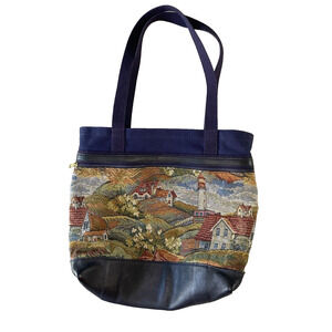 My Maine Bag Shoulder Tote Vintage Navy & Canvas Tapestry Granny Core Handbag